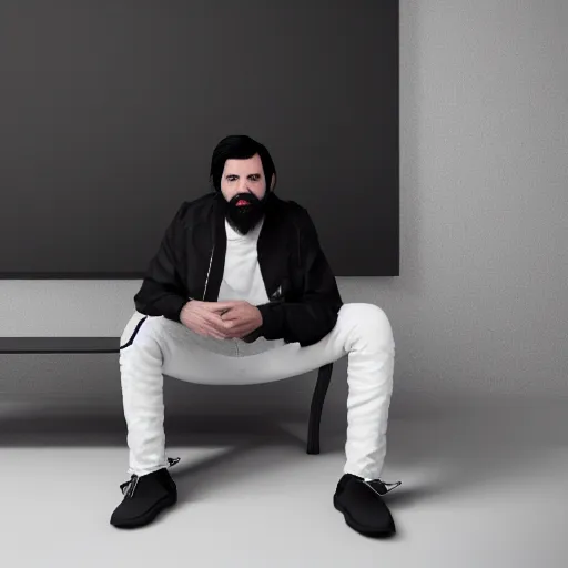 Image similar to a man with black hair and beard, wearing a black jacket, white shirt and jeans, sitting in an empty white room, devastated, rendered in unreal engine