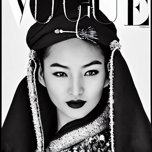 Image similar to a beautiful professional photograph by hamir sardar, herb ritts and ellen von unwerh for the cover of vogue magazine of a beautiful and unusually attractive tibetan female fashion model looking at the camera in a flirtatious way, zeiss 5 0 mm f 1. 8 lens