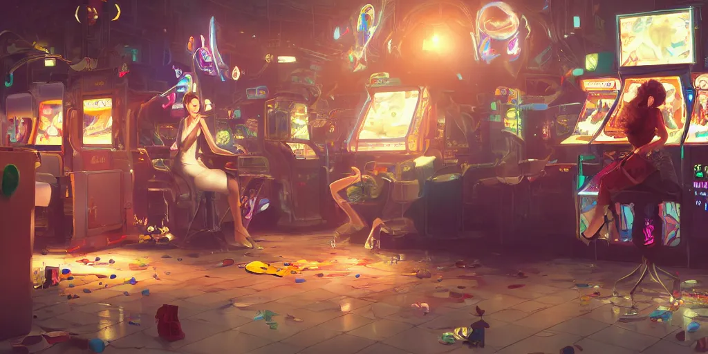 Image similar to an environmental concept art of a stylish woman playing a game in a cluttered arcade, highly detailed, environmental light, cinematic by francis tneh