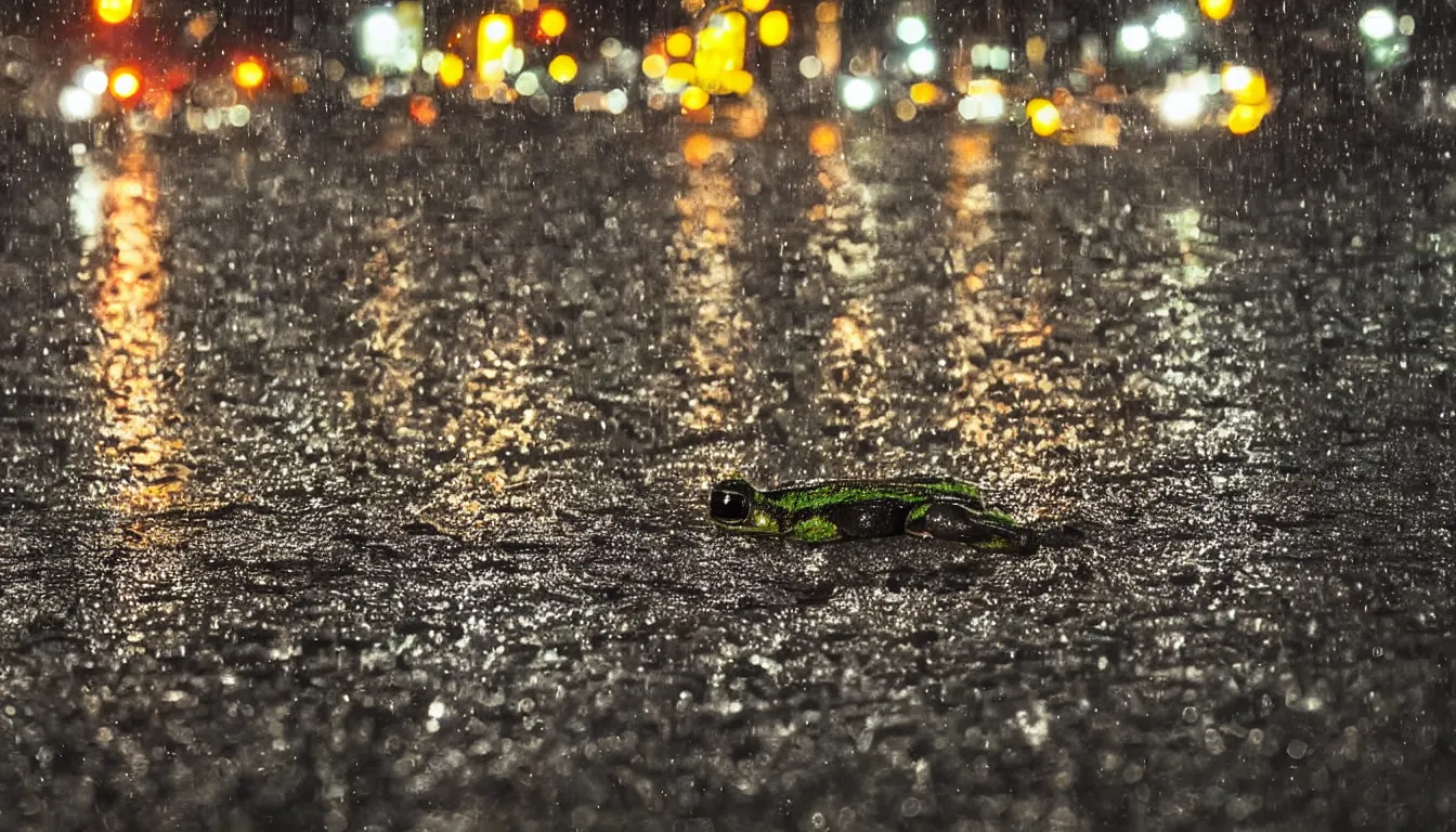 Image similar to real photo, night, rain, modern street, light, close up the wet frog on wet road