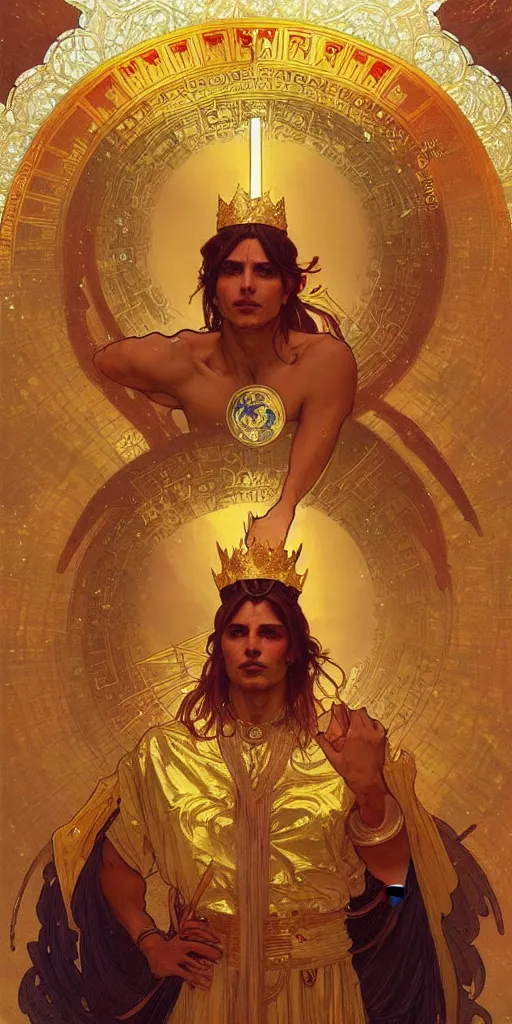 Image similar to a god wearing golden clothes and golden crown, amazing, tarot art, painting by greg rutkowski and alphonse mucha