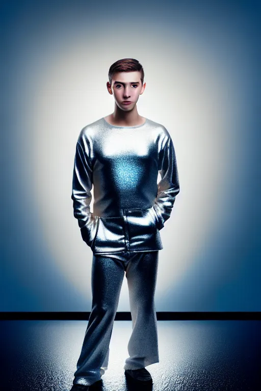 Image similar to un ultra high definition studio quality photographic art portrait of a young man standing on the rooftop of a british apartment building wearing soft padded silver pearlescent clothing. three point light. extremely detailed. golden ratio, ray tracing, volumetric light, shallow depth of field. set dressed.