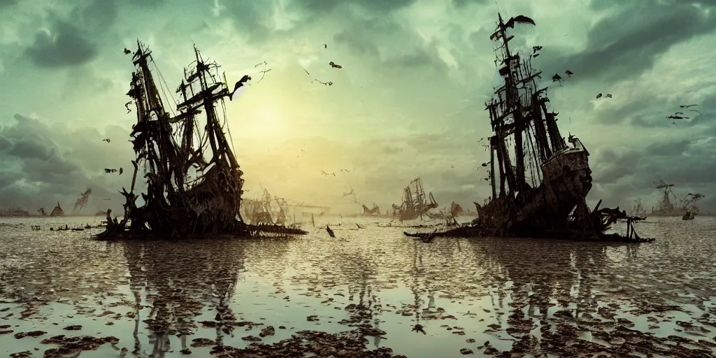 Image similar to shipwrecked spanish galleon, mast and tattered sails, sinking in the mekong delta, sunset, clouds, moonlight, wrecked sunken pirate ship in river, tall mast, shipwrecks, deconstructed ship, pirate symbol, ghost ship, vietnamese fishing boats, cinematic lighting, hyper realistic, mist, octane render, 8 k volumetric, hyper detailed, ripples, reflections