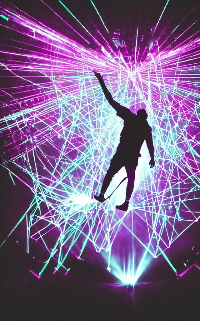 Prompt: rapper performing with microphone, epic pose, medium close-up, silhouetted, distinct figure, psychedelic hip-hop, laser light show, fog, beams of light