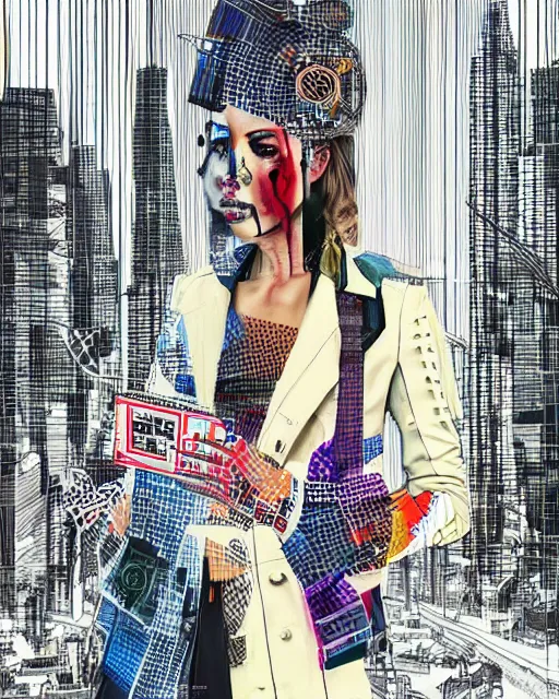 Image similar to cypherpunk fashion illustration, camera face, city street background with high tall buildings, abstract portrait highly detailed, finely detailed