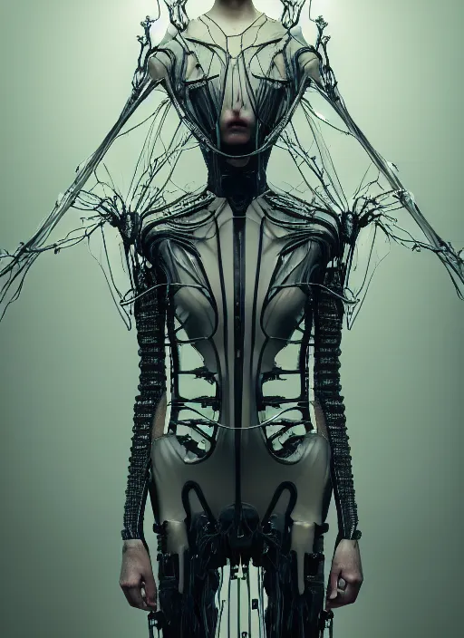 Image similar to catwalk, forest, iris van herpen gothic inflateble dark dress, perfect symmetrical body, helmet on face, full body shot, inflateble shapes, wires, tubes, veins, jellyfish, white biomechanical details, wearing epic bionic cyborg implants, masterpiece, intricate, biopunk, vogue, highly detailed, artstation, concept art, cyberpunk, octane render