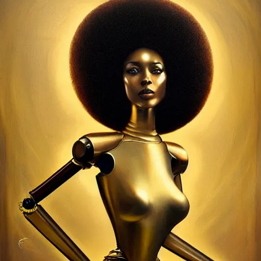 Prompt: a beautiful female robot, elegant pose, afro, gold wax melting, by Anato Finnstark, Tom Bagshaw, Brom