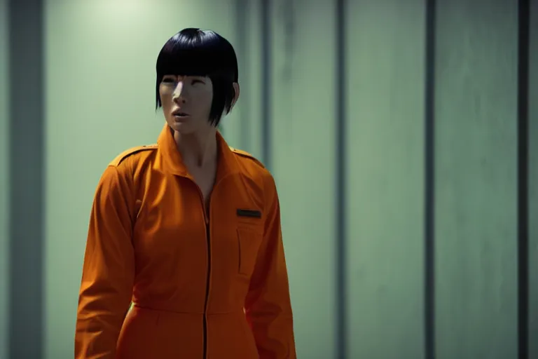 Image similar to major motoko wearing an orange prison jumpsuit, photography by fred palacio medium full shot still from bladerunner 2 0 4 9, sci fi, bladerunner, canon eos r 3, f / 3, iso 2 0 0, 1 / 1 6 0 s, 8 k, raw, unedited