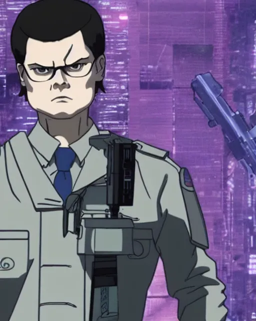 Image similar to a still of dwight schrute in ghost in the shell. anime style. highly detailed.