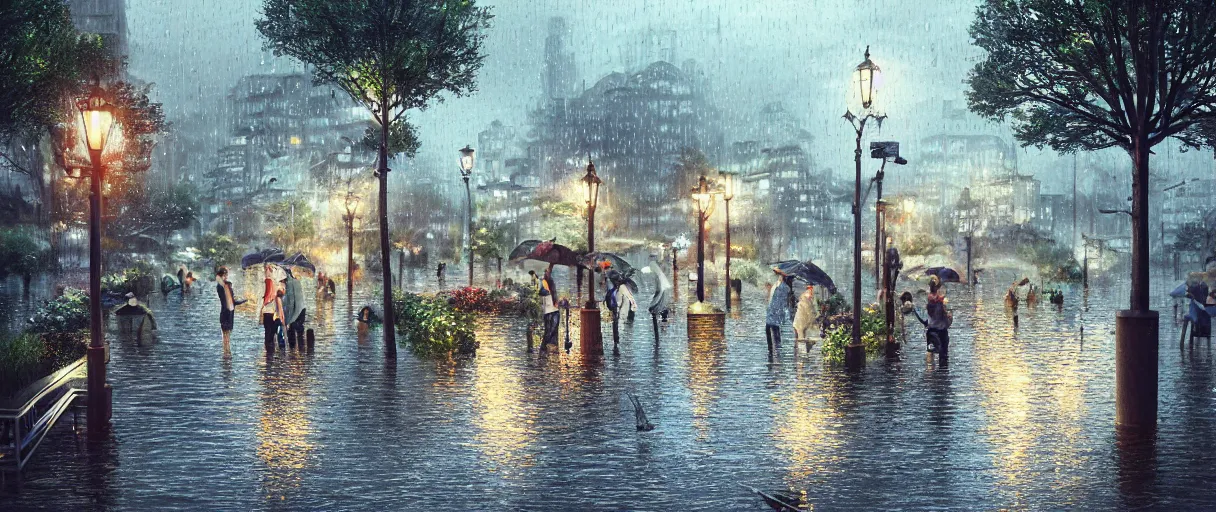 Image similar to raining at night at flooded miniature city, emotion is on the rise on the town, cute style garden, octane render, trees, evergreen, patio, garden, wet atmosphere, tender, soft light misty yoshitaka amano, and artgerm