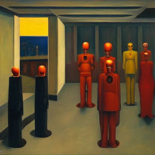 Image similar to prisoners, robotic guards, human subjugation, mind control, dystopian, pj crook, edward hopper, oil on canvas