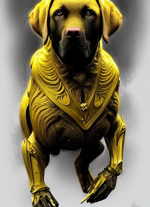 Prompt: portrait of aggressive labrador retriever humanoid, d & d, muscular! yellow, fantasy, intricate, elegant, highly detailed, digital painting, artstation, concept art, smooth, sharp focus, illustration, art by artgerm and greg rutkowski and alphonse mucha