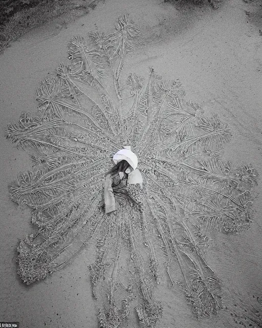 Image similar to a woman standing at the shore, made of intricate decorative lace leaf skeleton, shot from a drone, in the style of the dutch masters and gregory crewdson, dark and moody