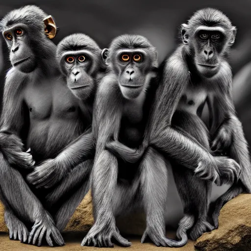 Image similar to Contamporary art photography of ultra mega super hyper realistic detailed group of monkey's that wears suits standing around very highly detailed Obsidian monolith in the desert