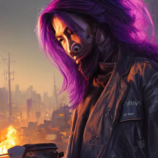 Image similar to portrait painting of a street samurai with long purple hair riding a motorcycle through a burning cyberpunk slum, glitchwave, ultra realistic, concept art, intricate details, eerie, highly detailed, photorealistic, octane render, 8 k, unreal engine. art by artgerm and greg rutkowski