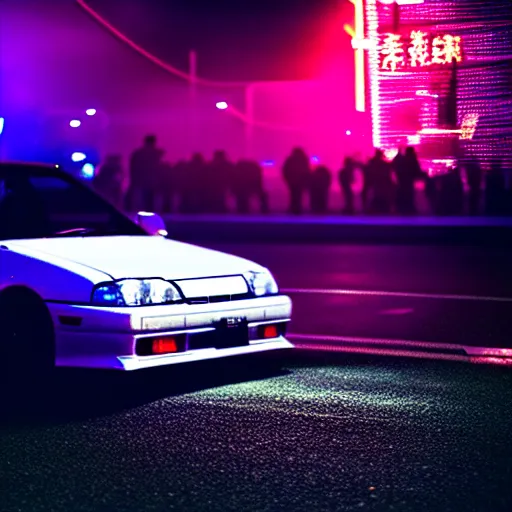 Image similar to a car JZX100 at illegal car meet, Saitama prefecture, city sunset mist neon lights, cinematic color, photorealistic, highly detailed, 200MM