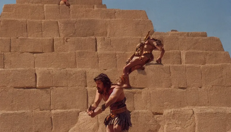 Prompt: dramatic movie stills by david lean of javier bardem as gilgamesh sumerian king climbing triumphantly a ziggurat, sumerian epic movie, cinestill 8 0 0 t eastmancolor technicolor, high quality, very detailed, heavy grain, fine facial features, 8 k, octane render