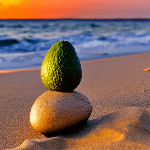 Prompt: an avocado sitting in deep meditation on the beach, unreal sunset in the background