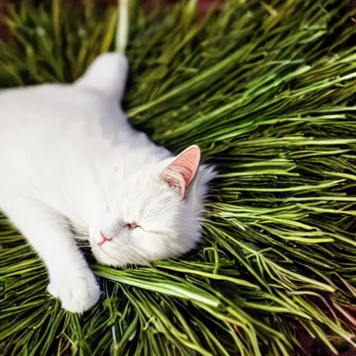 Prompt: a superhero white cat sleeping on bed of pine needles, anime