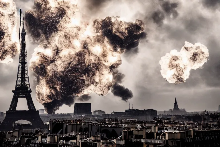 Prompt: paris blowing up, cinematic photograph, explosion, epic photograph, amazing lighting, destruction, stunning,