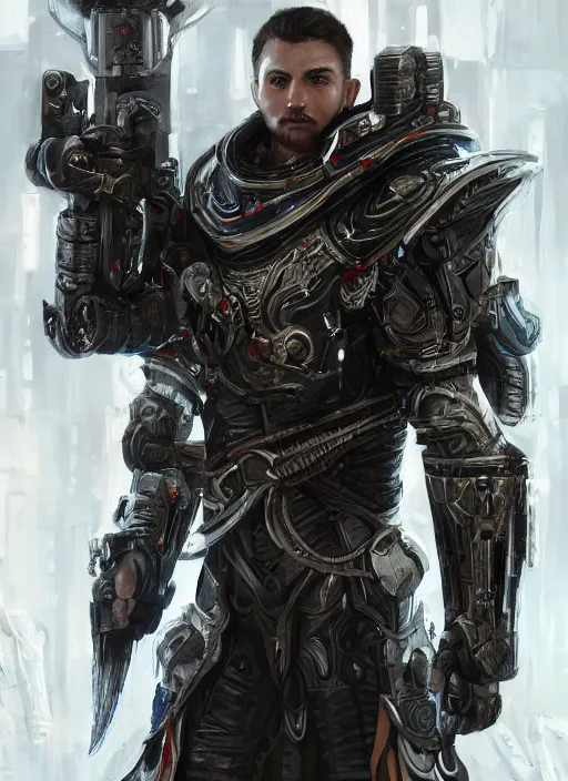 Image similar to high intricate male warrior with white sci - fi armor and black garment, space harbor, maria panfilova, andrea savchenko, mike kime, ludovic plouffe, qi sheng luo, oliver cook, julian calle, eddie mendoza, trending on artstation