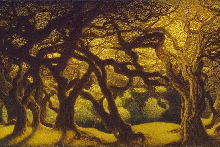 Prompt: masterpiece painting of oak trees on a hillside overlooking a creek, dramatic lighting, by jean delville