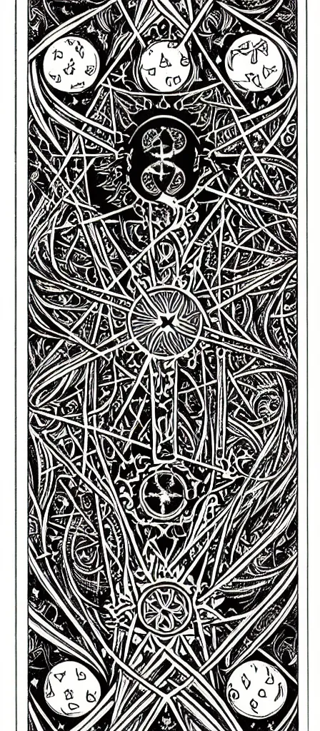 Prompt: a beautiful fractal tarot card featuring bold occult imagery with clean lines. skullpunk demon. dimension. haeckel. detailed adult coloring book