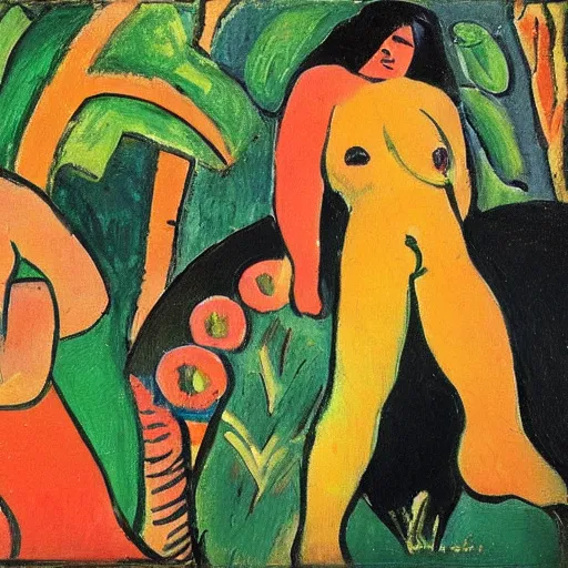 Image similar to painting of a tiger and young native american woman in a jungle by alexej von jawlensky