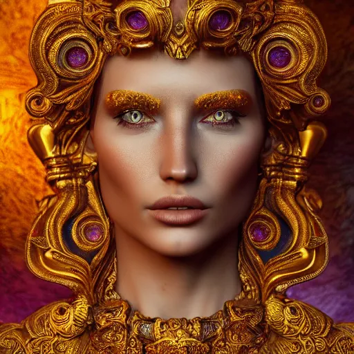 Image similar to psychadelic goddess made of golden marble, beautiful face, hyper detailed, flowing psychadelic background intricate and detailed, ornate 8 k gorgeous intricate detailed, octane render