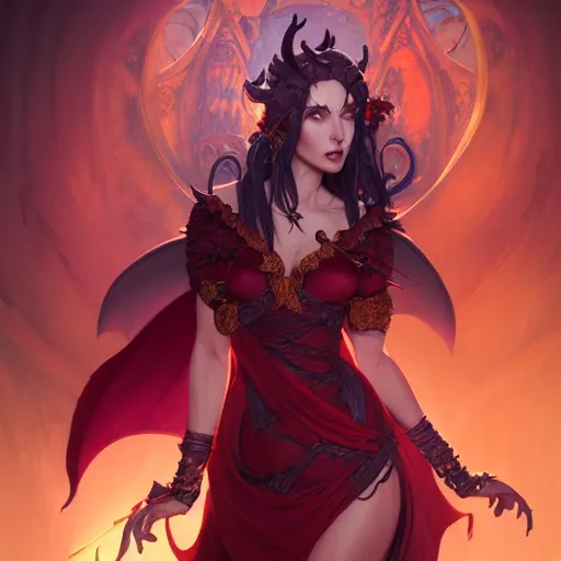 Prompt: Demoness, female, robes, D&D, fantasy, intricate, elegant, highly detailed, digital painting, artstation, octane render, concept art, matte, sharp focus, illustration, hearthstone, art by Artgerm and Greg Rutkowski and Alphonse Mucha