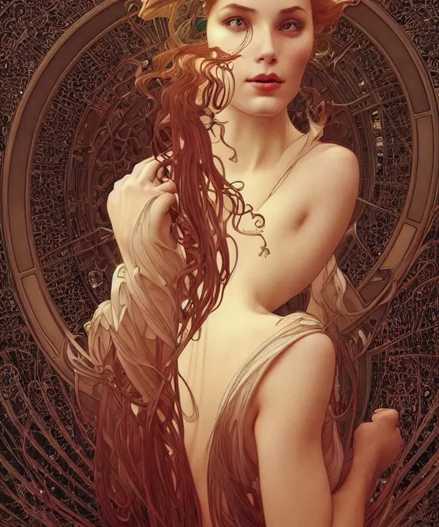 Image similar to beatiful woman looking at her self in a mirror and is seeing an angelic version of her self, dark surrealism , scifi, intricate, elegant, highly detailed, artstation, concept art, smooth, sharp focus, illustration, art by artgerm and moebius and alphonse mucha