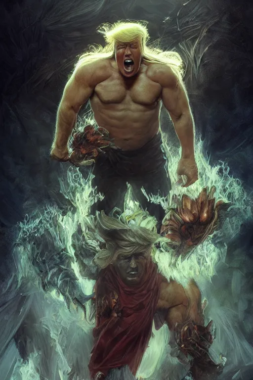 Image similar to portrait of donald trump as a hulking herculean demon, forest, godlike, full body, fantasy, intricate, elegant, highly detailed, digital painting, artstation, concept art, sharp focus, illustration, art by artgerm and greg rutkowski and alphonse mucha