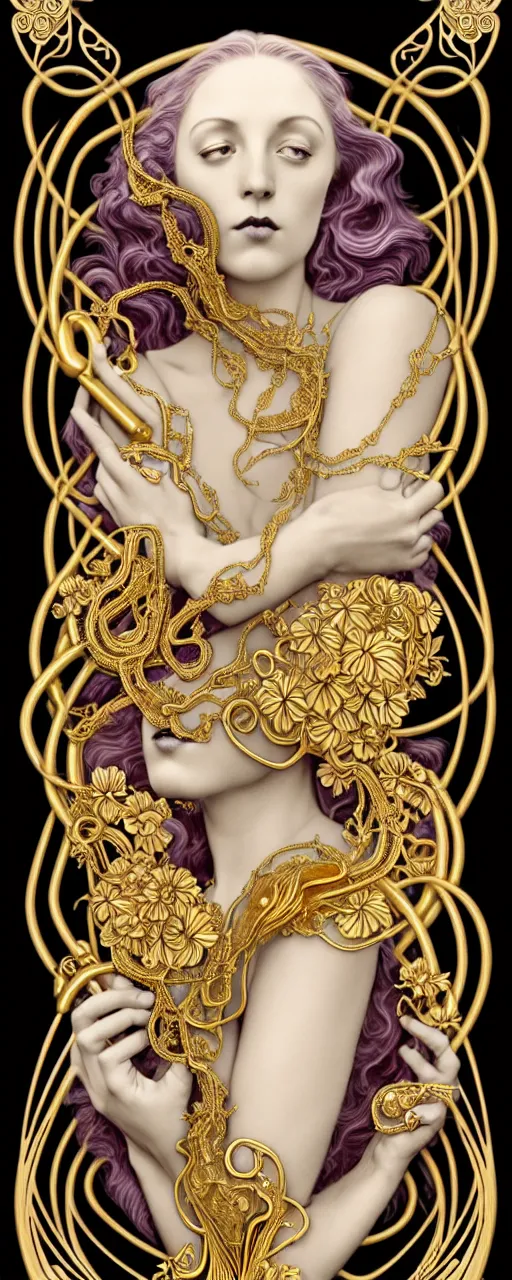 Prompt: the source of future growth dramatic, elaborate emotive Art Nouveau styles to emphasise beauty as a transcendental, seamless pattern, symmetrical, large motifs, hyper realistic, 8k image, 3D, supersharp,Art nouveau 3D curves and swirls, Glass and Gold pipes, realistic vibrant Dahlia flowers silk ribbons pearls and gold chains, iridescent and black and shiny gold colors , perfect symmetry, iridescent, High Definition, sci-fi, Octane render in Maya and Houdini, light, shadows, reflections, photorealistic, masterpiece, smooth gradients, no blur, sharp focus, photorealistic, insanely detailed and intricate, cinematic lighting, Octane render, epic scene, 8K