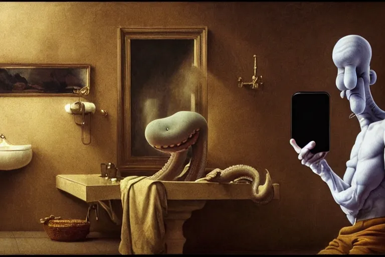 Image similar to hyperrealism aesthetic ridley scott and caravaggio and denis villeneuve style photography of a detailed giant squidward, siting on a detailed ultra huge toilet and scrolling his smartphone in surreal scene from detailed art house movie in style of alejandro jodorowsky and wes anderson