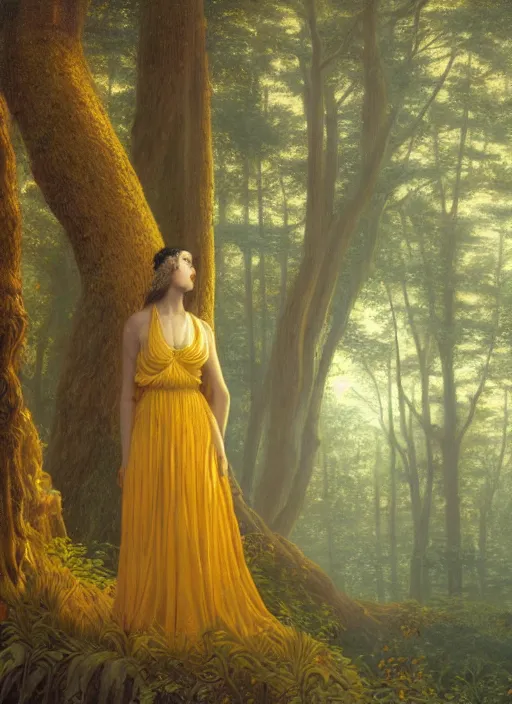 Prompt: intricate oil painting portrait by John William Godward and Anna Dittman and Laurie Greasley and Victo Ngai and Taro Okamoto and Caspar David Friedrich depicting a female fantasy priestess in a bright temple surrounded by yellow spring forest and dead trees, evening, atmospheric lighting, intricate detail, cgsociety, hyperrealistic, octane render, RPG portrait, ambient light, dynamic lighting