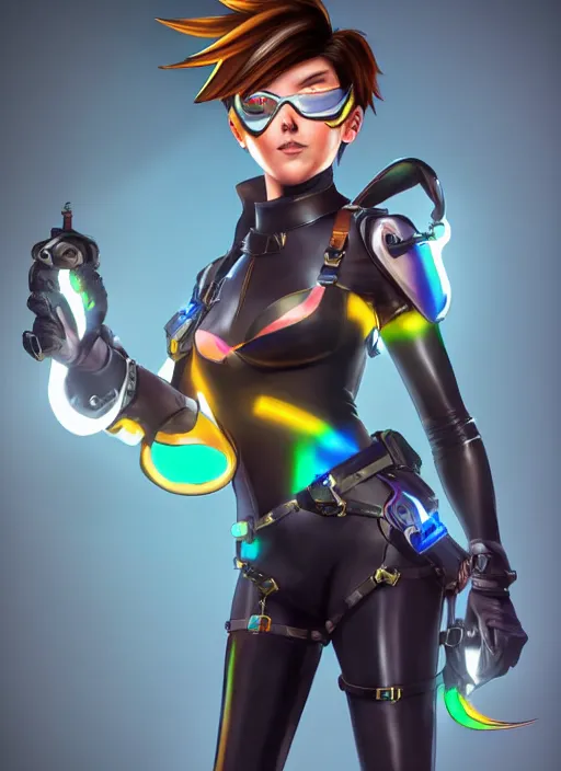 Image similar to full body digital artwork of tracer overwatch, wearing black iridescent rainbow latex, 4 k, expressive happy smug expression, makeup, in style of mark arian, wearing detailed black leather collar, wearing sleek armor, black leather harness, detailed face and eyes,