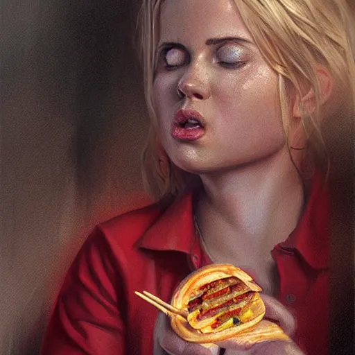 Image similar to portrait of a blonde chubby woman eating kebab, light stubble with red shirt inside victorian mansion ,digital art,photorealistoc,art by greg rutkowski,hyperdetailed,western comic style,comic,comic style,sharp lineart,professional lighting,deviantart,artstation,trevor henderson,rossdtaws,cinematic,dramatic