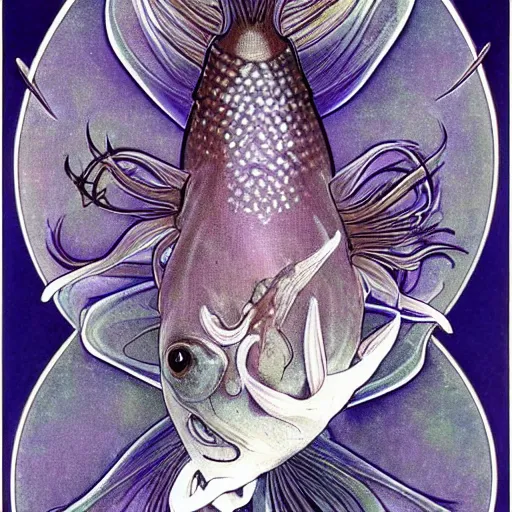 Image similar to a single fantasy deep sea fish that is heavily armored it has disproportionately huge wide spined pectoral fins on its head 6 large black eyes it's skin and fins have complex markings it is swimming in a purple deep landscape with jagged rocks by alphonse mucha and brian froud