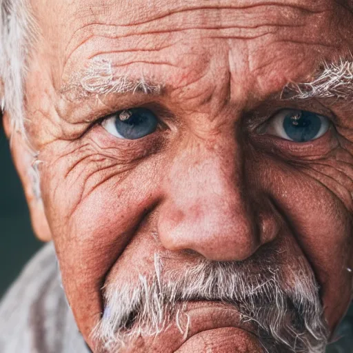 Image similar to extremely detailed portrait photo of an old man with a sober expression, wrinkle face, bright eyes, messy brown hair
