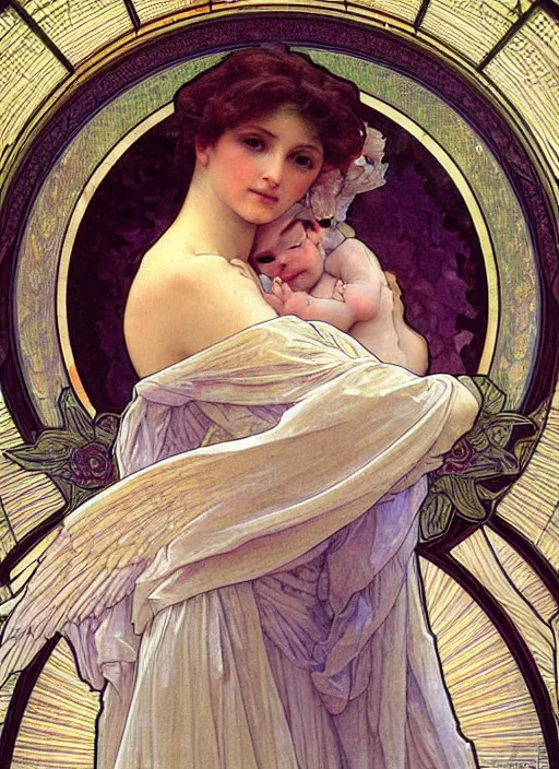 Image similar to portrait of a beautiful angel, intricate, elegant, highly detailed by alphonse mucha and william - adolphe bouguereau