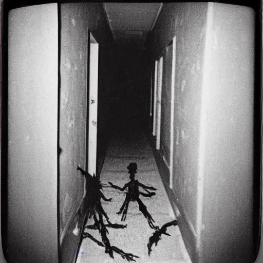 Prompt: a terrifying monster at the end of a hallway, dark!, creepy, nightmare fuel!!!, bones, horror, horrifying, unsettling, uncanny valley!, old polaroid, expired film,