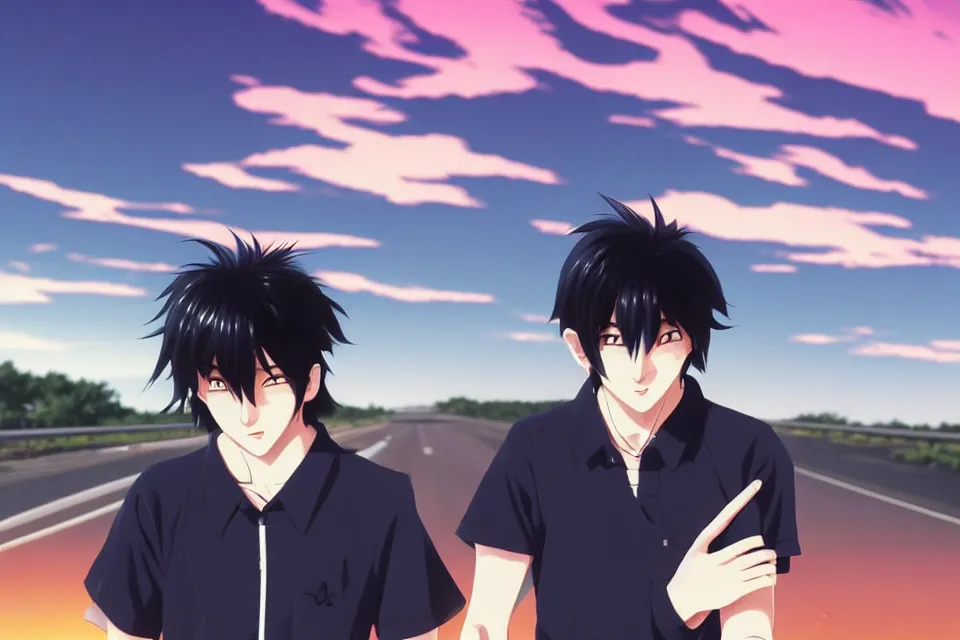 Prompt: aesthetic illustration of very serious ryosuke takahashi with black hair wearing a dark blue shirt standing near mazda rx 7 on an empty highway at dusk, cinematic lighting, initial d anime 1 0 8 0 p, detailed anime face, high detail, 9 0 s anime aesthetic, volumetric lights, unreal engine 5 render, pinterest wallpaper, trending on artstation