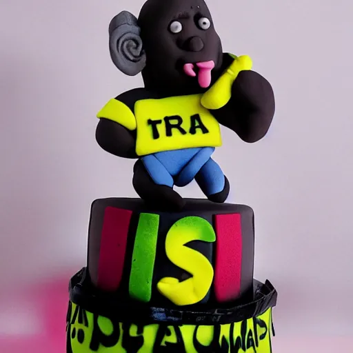 Prompt: a cake with sugar paste figuring a bald black man screaming, food photography, master of cakes, cake awards