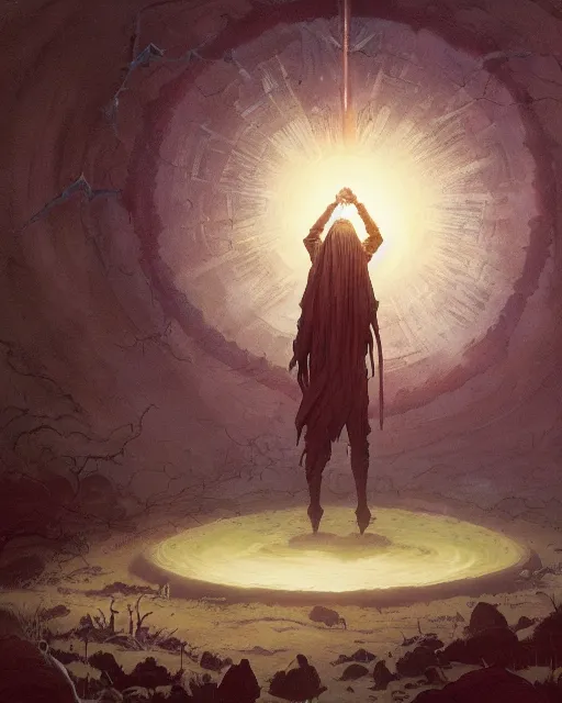 Image similar to a druid standing in a circle at the beginning of the world by greg rutkowski and frank frazetta and peter mohrbacher and william blake and dan mumford