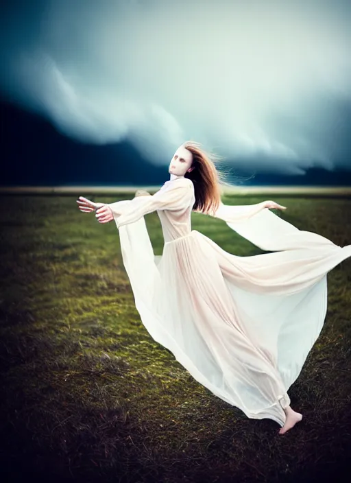 Image similar to cinestill 5 0 d portrait photo of a beautiful woman, britt marling 3 / 4, delicate, subsurface scattering, long hair floating in air in style of gilles zimmermann, 1 5 0 mm, windy mood, dress in voile, mute dramatic colours, soft blur outdoor stormy background, volumetric lighting, hyper detailed, hyper realistic