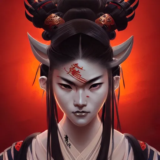 Image similar to oni samurai japanese style, face, fantasy, intricate, elegant, highly detailed, digital painting, artstation, concept art, smooth, sharp focus, illustration, artstation, cgsociety, art by artgerm and greg rutkowski and alphonse mucha