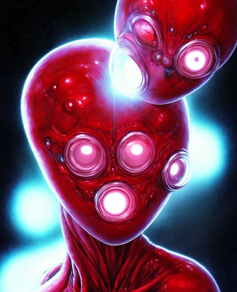 Image similar to an alien with 4 eyes and a white and red body, yellow glowing eyes, digital art, trending on artstation, symmetric, hyperrealistic, by yoshitaka amano, by yukito kishiro, by yoshiyuki sadamoto