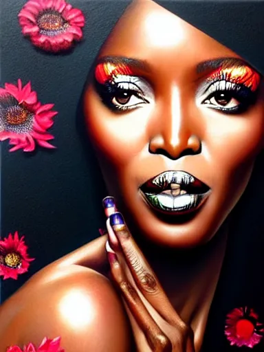 Prompt: portrait of naomi campbell with a floral background : : painted by artgerm, karol bak, artur bordalo, sandra chevrier : : portrait, character, illustration, hyperrealism, photorealism