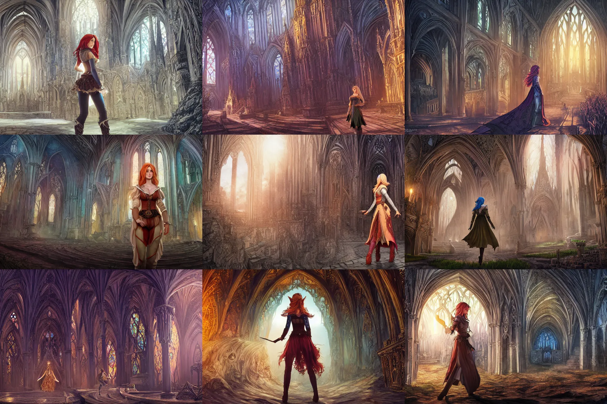 Prompt: wide-angle highly-detailed pen and ink illustration landscape of an attractive young elf woman (played by Triss from Witcher 3), clothed in a chesty fantasy outfit and standing inside of an anchient cathedral with light shining through colorful murals, intricate, elegant, highly detailed, digital painting, trending on Artstation, concept art, smooth, sharp focus, illustration, in the style of artgerm and greg rutkowski and alphonse mucha