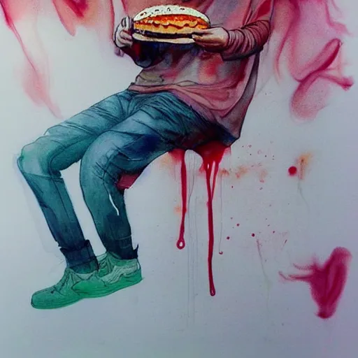 Prompt: bill pullman eating giant hamburgers full body by agnes cecile, pastel light colours, ink drips, autumn lights